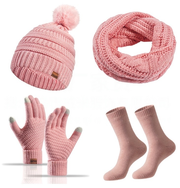 Winter Hat Gloves Beanie Scarf Neck Warm Touchscreen Gloves Sock 4 PCS